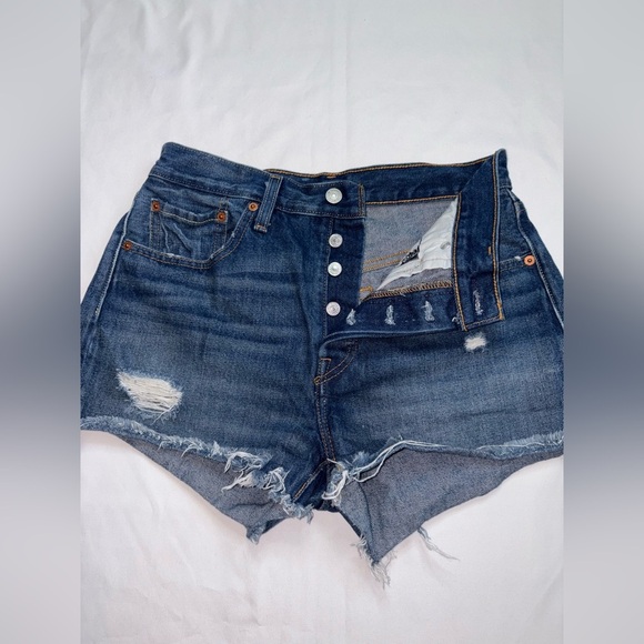 Levi’s Size 27 Dark Wash 501 Distressed High Rise Button Fly Jean Shorts - Picture 2 of 8